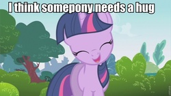 Size: 853x480 | Tagged: safe, edit, edited screencap, screencap, twilight sparkle, pony, unicorn, g4, eyes closed, female, image macro, mare, open mouth, sky, smiling, solo, tree