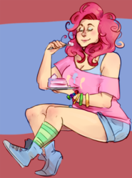 Size: 379x512 | Tagged: safe, artist:batcanons, pinkie pie, human, g4, cake, converse, eating, female, food, humanized, shoes, solo