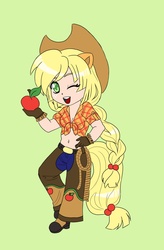 Size: 1657x2523 | Tagged: safe, artist:apocalypsepuppy, applejack, human, g4, belly button, chibi, eared humanization, female, humanized, simple background, solo, tailed humanization, wink