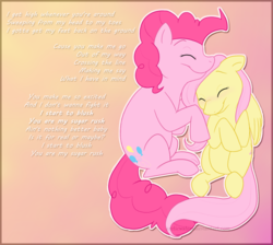 Size: 945x846 | Tagged: safe, artist:arcticwaters, fluttershy, pinkie pie, earth pony, pegasus, pony, g4, cute, duo, duo female, eyes closed, female, lesbian, mare, nuzzling, ship:flutterpie, shipping, smiling, song, text