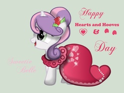 Size: 3072x2304 | Tagged: safe, artist:miesmauz, sweetie belle, pony, unicorn, g4, alternate hairstyle, beautiful, clothes, dress, female, filly, flower, flower in hair, gray background, heart, hearts and hooves day, holiday, mare, rose, simple background, solo, text, valentine's day