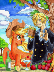 Size: 619x825 | Tagged: safe, artist:irie-mangastudios, applejack, g4, appletini, cider, crossover, one eye closed, one piece, vinsmoke sanji, wink, zap apple