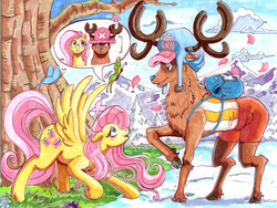 Size: 792x595 | Tagged: safe, artist:irie-mangastudios, fluttershy, butterfly, reindeer, g4, choppershy, crossover, crossover shipping, female, male, one piece, straight, tony tony chopper, traditional art