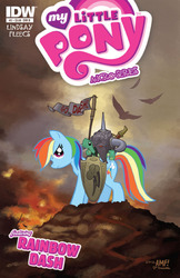 Size: 476x733 | Tagged: safe, artist:tony fleecs, idw, official comic, rainbow dash, tank, bird, pegasus, pony, tortoise, g4, micro-series #2, my little pony micro-series, official, armor, comic, comic cover, cover, cover art, death dealer, flag, frank frazetta, frown, glare, helmet, looking at you, riding, shield, variant cover