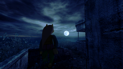 Size: 1366x768 | Tagged: safe, artist:vvres, fluttershy, anthro, g4, crossover, dear esther, female, moon, night, overcast, solo