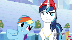 Size: 423x238 | Tagged: safe, screencap, rainbow dash, shining armor, pony, g4, games ponies play, animated, floppy ears, frown, i watch it for the ears, out of context, shining armor is not amused, smiling, unamused, wat, whistle