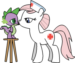 Size: 471x398 | Tagged: safe, artist:youwillneverkno, nurse redheart, spike, g4, female, kissing, male, shipping, spikeheart, straight