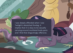 Size: 704x512 | Tagged: safe, screencap, spike, twilight sparkle, offensive ponies, g4, magical mystery cure, animation error, meta, text
