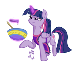 Size: 3593x3070 | Tagged: safe, artist:etiluos, twilight sparkle, alicorn, pony, g4, alternate hairstyle, apron, bowl, clothes, cooking, female, magic, mare, ponytail, simple background, solo, transparent background, twilight sparkle (alicorn)