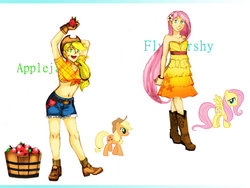 Size: 900x675 | Tagged: safe, artist:joz-yyh, applejack, fluttershy, human, g4, humanized