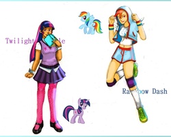 Size: 1000x800 | Tagged: safe, artist:joz-yyh, rainbow dash, twilight sparkle, human, g4, dark skin, humanized