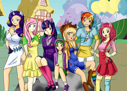 Size: 1514x1078 | Tagged: safe, artist:skidwidget, applejack, fluttershy, pinkie pie, rainbow dash, rarity, spike, twilight sparkle, g4, converse, eared humanization, horn, horned humanization, humanized, mane seven, mane six, winged humanization