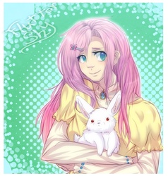 Size: 900x945 | Tagged: safe, artist:ockitten, angel bunny, fluttershy, g4, humanized