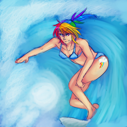 Size: 699x699 | Tagged: safe, artist:butterfly-pants, rainbow dash, human, g4, barefoot, bikini, clothes, feet, female, humanized, looking at you, ponytail, smiling, smirk, solo, surfing, swimsuit, water, wave