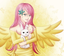 Size: 1301x1147 | Tagged: safe, artist:quitoxica, angel bunny, fluttershy, g4, humanized, winged humanization