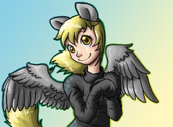 Size: 750x550 | Tagged: safe, artist:tsukuyomaru, derpy hooves, human, g4, eared humanization, female, gradient background, humanized, long sleeves, smiling, solo, tailed humanization, winged humanization