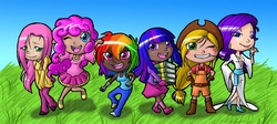 Size: 1140x510 | Tagged: safe, artist:tsukuyomaru, applejack, fluttershy, pinkie pie, rainbow dash, rarity, twilight sparkle, human, g4, dark skin, humanized, mane six