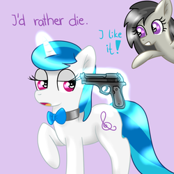 Size: 1000x1000 | Tagged: safe, artist:verminshy, dj pon-3, octavia melody, vinyl scratch, earth pony, pony, unicorn, g4, bowtie, comic, cutie mark, female, glowing horn, gun, handgun, harlem shake, hooves, horn, levitation, magic, mare, open mouth, pistol, simple background, teeth, telekinesis, tumblr, weapon