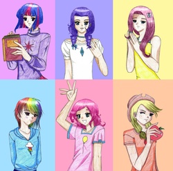 Size: 2068x2044 | Tagged: safe, artist:eclairrose, applejack, fluttershy, pinkie pie, rainbow dash, rarity, twilight sparkle, human, g4, humanized, mane six, traditional art