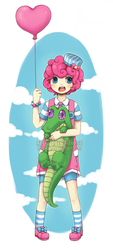 Size: 450x1000 | Tagged: safe, artist:hirukio, gummy, pinkie pie, g4, duo, female, hat, humanized, male, overalls