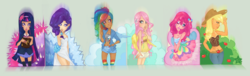 Size: 1810x547 | Tagged: safe, artist:dahli-lama, applejack, fluttershy, pinkie pie, rainbow dash, rarity, twilight sparkle, human, g4, humanized, mane six, winged humanization