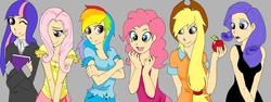 Size: 1454x546 | Tagged: safe, artist:deidaranomnom, applejack, fluttershy, pinkie pie, rainbow dash, rarity, twilight sparkle, human, g4, humanized, mane six