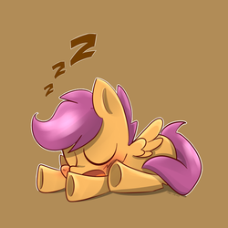 Size: 1000x1000 | Tagged: safe, artist:kty159, scootaloo, pony, g4, blushing, cute, cutealoo, eyes closed, female, open mouth, prone, sleeping, snoring, solo, underhoof, zzz