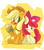 Size: 1400x1600 | Tagged: safe, artist:kty159, apple bloom, applejack, earth pony, pony, g4, abstract background, blank flank, blushing, cider, cider mug, colored pupils, duo, duo female, female, filly, looking at each other, mare, mug, open mouth, signature, sisters, sitting, smiling, underhoof