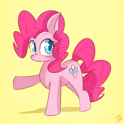 Size: 1200x1200 | Tagged: safe, artist:kty159, pinkie pie, earth pony, pony, g4, blushing, colored pupils, female, looking at you, mare, raised hoof, signature, simple background, yellow background