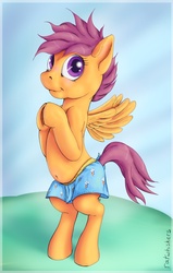 Size: 1200x1890 | Tagged: safe, artist:ratwhiskers, scootaloo, pegasus, pony, g4, belly button, bipedal, boxers, clothes, partial nudity, solo, swimsuit, topless