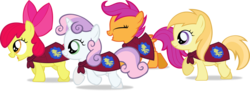 Size: 4001x1450 | Tagged: safe, artist:lumorn, apple bloom, noi, scootaloo, sweetie belle, g4, cape, clothes, cmc cape, cutie mark crusaders, simple background, transparent background, vector