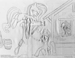 Size: 1100x851 | Tagged: safe, artist:virgarainboom, applejack, fluttershy, pinkie pie, earth pony, pegasus, pony, fanfic:cupcakes, g4, crying, execution, female, gallows, hanging (by neck), insanity, jail, mare, monochrome, noose, traditional art