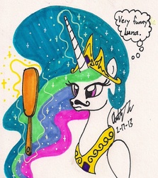 Size: 844x948 | Tagged: safe, artist:newyorkx3, princess celestia, pony, g4, female, mirror, moustache, solo, traditional art