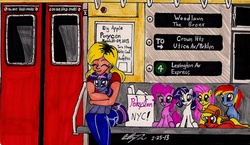 Size: 1818x1056 | Tagged: safe, artist:newyorkx3, applejack, fluttershy, pinkie pie, rainbow dash, rarity, twilight sparkle, g4, big apple ponycon, female, metro, plushie, subway, tara strong, traditional art, train