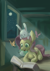 Size: 1080x1527 | Tagged: safe, artist:chung-sae, angel bunny, fluttershy, butterfly, g4, animal, book, crepuscular rays, female, mare, moon, night, prone, reading, solo, window