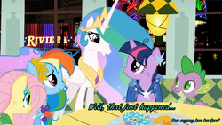 Size: 960x540 | Tagged: safe, fluttershy, princess celestia, rainbow dash, spike, twilight sparkle, g4, caption, unicon