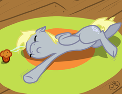 Size: 1000x773 | Tagged: safe, artist:the-kinetic, derpy hooves, pegasus, pony, g4, female, lying, mare, muffin, on side, rug, sleeping, solo