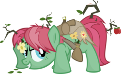 Size: 4432x2704 | Tagged: safe, artist:jittery-the-dragon, oc, oc only, oc:sunshine dust, earth pony, pony, apple, bag, clothes, confident, female, flower, food, freckles, gritted teeth, happy, looking back, mare, saddle bag, simple background, smiling, solo, transparent background