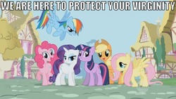 Size: 711x401 | Tagged: safe, applejack, fluttershy, pinkie pie, rainbow dash, rarity, twilight sparkle, g4, image macro, mane six