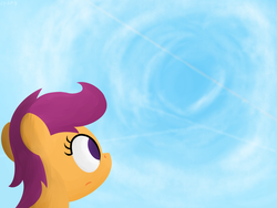 Size: 1600x1200 | Tagged: safe, artist:dtcx97, scootaloo, pegasus, pony, g4, bust, cloud, female, filly, foal, looking up, sky, solo