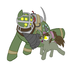 Size: 1638x1552 | Tagged: safe, artist:itsaaudraw, big daddy, bioshock, crossover, little sister, ponified