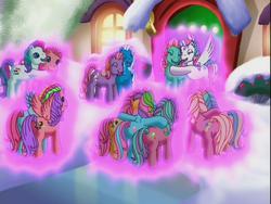 Size: 640x480 | Tagged: safe, screencap, bowtie (g3), coconut grove, cotton candy (g3), fizzy pop, glitter glide, minty, piccolo, pinkie pie (g3), rainbow dash (g3), sparkleworks, star catcher, starbeam, sweetberry, thistle whistle, earth pony, pegasus, pony, a very minty christmas, g3, cute, eyes closed, female, giggling, glowing, group, group hug, hug, large wings, laughing, mare, night, north pole, power of love, side hug, wings
