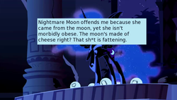 Size: 636x359 | Tagged: safe, edit, edited screencap, screencap, nightmare moon, offensive ponies, friendship is magic, g4, castle of the royal pony sisters, elements of harmony, meta, text