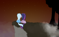 Size: 1920x1200 | Tagged: safe, artist:blargmode, trixie, twilight sparkle, pony, unicorn, g4, duo, female, intertwined tails, mare, sky, tree