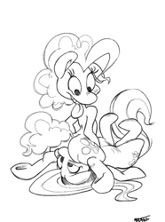 Size: 652x875 | Tagged: safe, artist:boreddrawfag, fluttershy, pinkie pie, earth pony, pony, g4, butt, duo, faceful of ass, facesitting, female, flutterseat, monochrome, on back, plot, sketch, tongue out