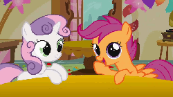 Size: 720x405 | Tagged: safe, edit, edited screencap, screencap, scootaloo, sweetie belle, pegasus, pony, unicorn, call of the cutie, g4, animated, balloon, confetti, cute, duo, female, filly, headbob, looking at you, nodding, open mouth, phonograph, record player, smiling, tables