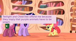 Size: 500x274 | Tagged: safe, screencap, apple bloom, cheerilee, twilight sparkle, offensive ponies, g4, the show stoppers, meta, text