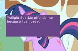 Size: 500x327 | Tagged: safe, edit, edited screencap, screencap, twilight sparkle, pony, unicorn, offensive ponies, g4, the cutie mark chronicles, female, grin, mare, meta, paradox, seems legit, smiling, solo, squee, text, wat