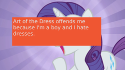 Size: 500x281 | Tagged: safe, screencap, rarity, offensive ponies, g4, meta, text