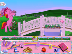 Size: 800x600 | Tagged: safe, oc, oc only, butterfly, earth pony, pony, g2, my little pony: friendship gardens, apple, book, bridge, camera, female, food, juice box, lollipop, mare, meat, medicine, pc game, pepperoni, pepperoni pizza, pizza, rear, rearing, video game